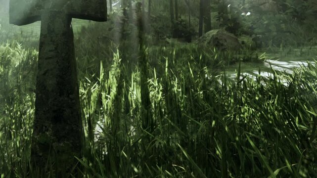 Amidst a serene graveyard, tall grass sways gently in the breeze. Soft sunlight filters through lush trees, casting a tranquil glow over the rustic gravestone, creating a peaceful atmosphere.