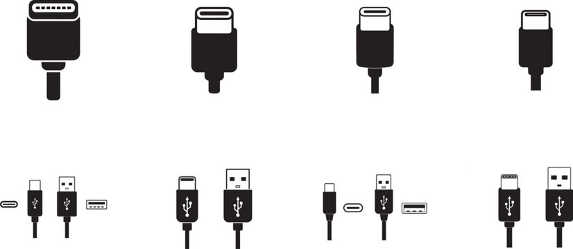 Black and white USB Type C icon silhouette vector, isolated design for charging, data and technology.