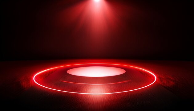 red spotlight casting a circular glowing reflection on a glossy dark floor in a moody studio