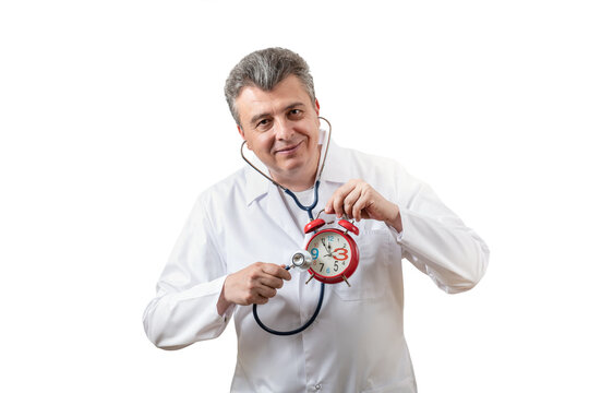 A conceptual image on the theme of men's health, featuring a doctor holding a red alarm clock.