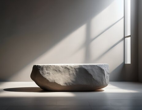 stone podium in an empty room with a light from a window rock pedestal for showcasing mock up for designers minimalistic design