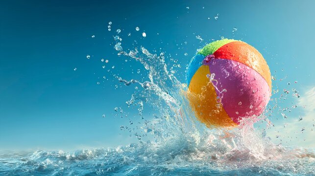 colorful water balloon bouncing above clear blue water splash, energetic summer recreation concept with realistic material detailing and cinematic photography style, real photo, stock photography