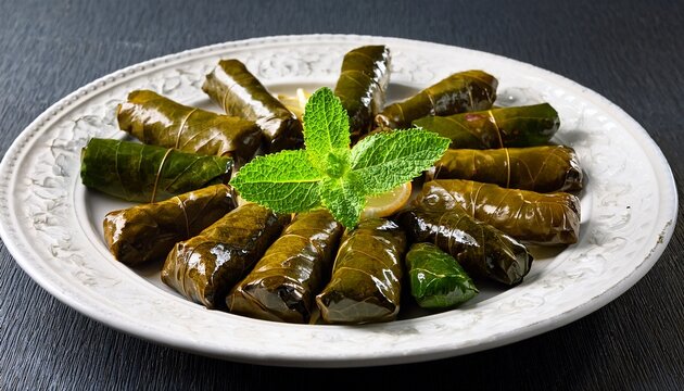 stuffed grape leaves dolma arranged in white dish with fresh mint garnish traditional