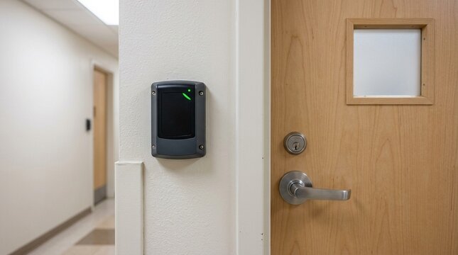 Key card badge reader mounted beside a clinical trial pharmacy office door