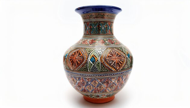 traditional moroccan ceramic vase with ornate hand painted geometric patterns on white