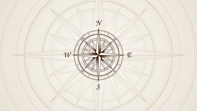 A vintage style nautical compass rose centered on a light beige background, with subtle radial, lines and cardinal directions