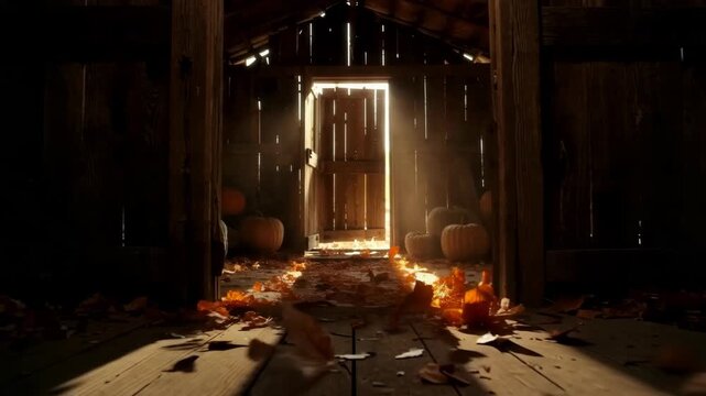 Glowing doorway sets autumn mood among pumpkins and leaves.