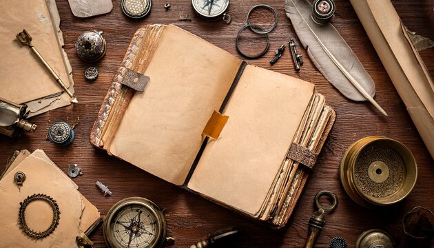 vintage junk journal flat lay with old paper and crafting tools