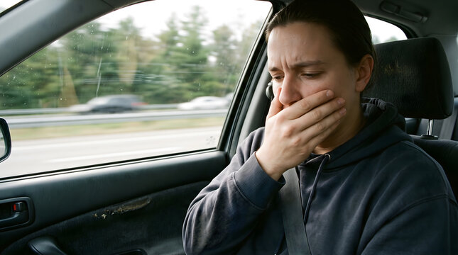 Woman covering her mouth while feeling carsick during a road trip