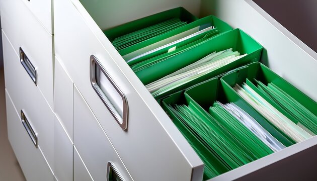white storage box with green file folders organized contents