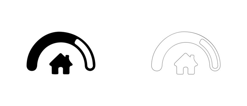 House under curved progress bar gauge vector icon filled and outline, property completion status and speed meter symbol.