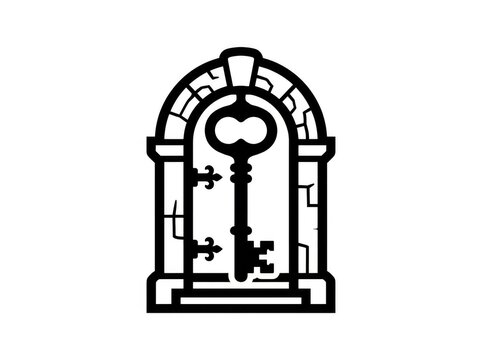 Vector illustration featuring a vintage arched stone doorway silhouette combined with a classic skeleton key design for minimalist graphic projects