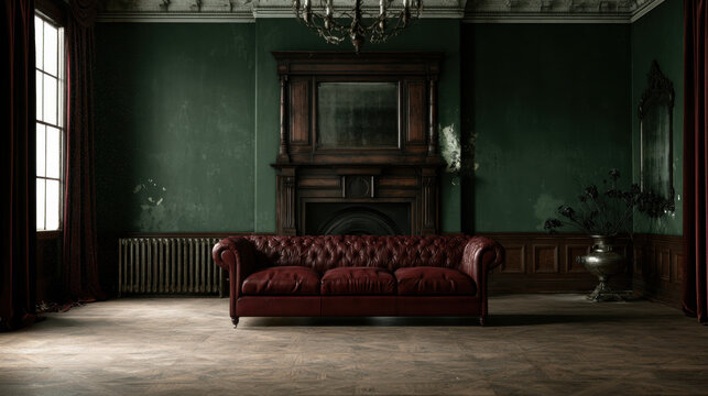 Faded victorian drawing room with a burgundy leather sofa, dark green walls and antique fireplace, creating a moody gothic luxury interior with elegant historic character