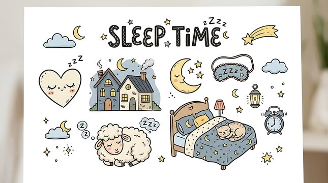 Hand drawn doodle set of sleep time elements for bedtime illustration