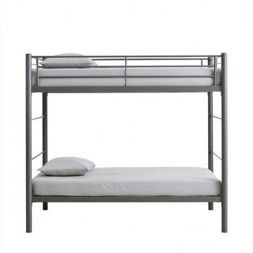 Metal bunk bed with white bedding and pillows