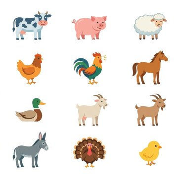 Collection of 12 flat vector farm animal illustrations featuring a cow, pig, sheep, hen, rooster, horse, duck, two goats, donkey, turkey, and chick on a solid white background.