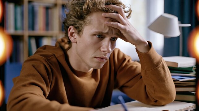 Stressed Young Student Studying Hard With Books And Notebook