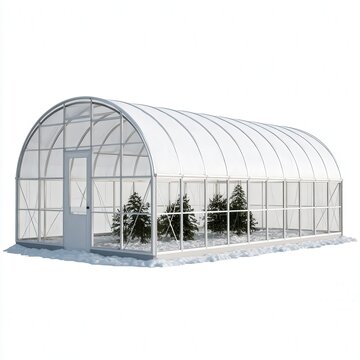Greenhouse structure with trees inside on snowy ground