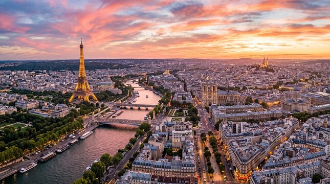 Aerial view of Paris cityscape with iconic tower at sunset over the river Seine