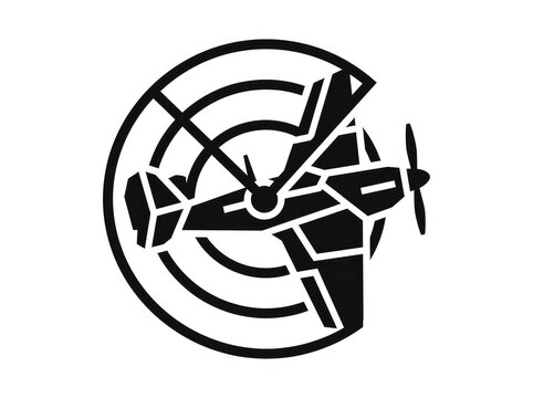 Stylized black and white vector icon of a classic propeller military airplane integrated with a circular clock face and radar target design on white