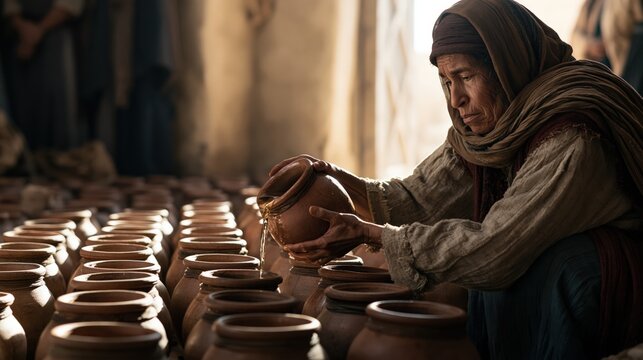 Poor widow pouring oil into empty vessels as God's miraculous provision fills her humble home with abundance.