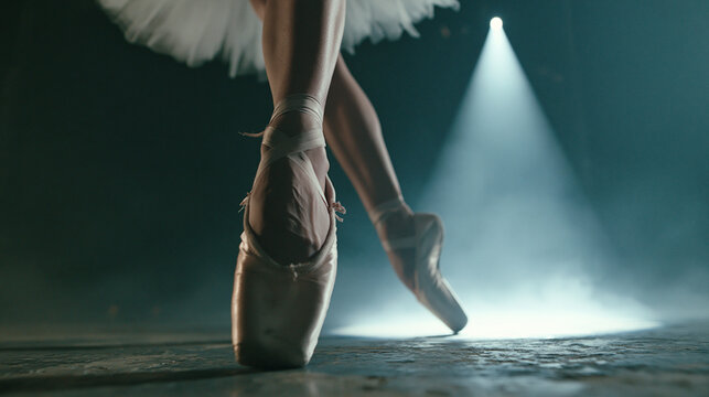 Ballerina legs dancing under bright spotlight.