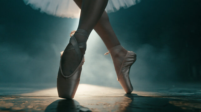 Ballerina feet pointe shoes dramatic stage light.