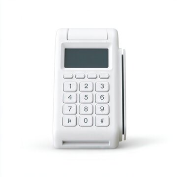 White card reader device with numerical keypad and screen on white background
