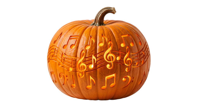A carved halloween pumpkin with glowing musical notes design isolated on transparent background for festive decor