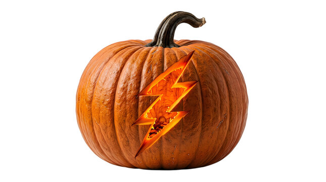 A carved halloween pumpkin featuring a glowing lightning bolt design isolated on transparent background
