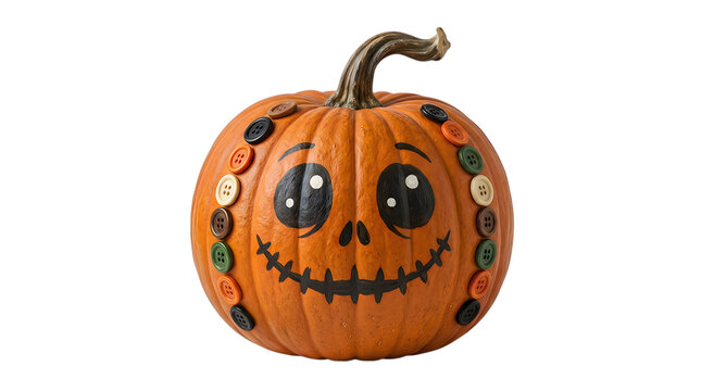 A cute decorated halloween pumpkin with button accents and a painted face isolated on transparent background
