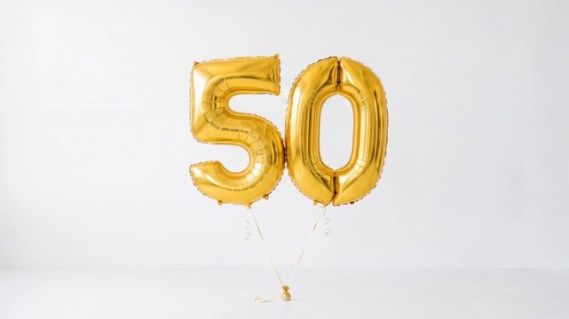 Gold number 50 foil balloons floating on a clean white background with copy space, festive decoration for 50th birthday, anniversary, milestone and jubilee celebration concepts.