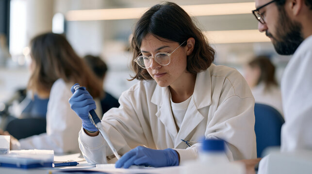 An autistic adult woman in a university research lab pipetting samples with exceptional focus and accuracy, a co worker nearby, depicting neurodivergent talent in scientific