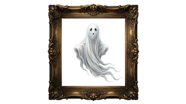 A spooky white ghost inside an ornate vintage picture frame for halloween isolated on transparent background
