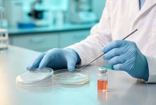 Microbiology researcher preparing a microbial culture sample at a clean laboratory bench.