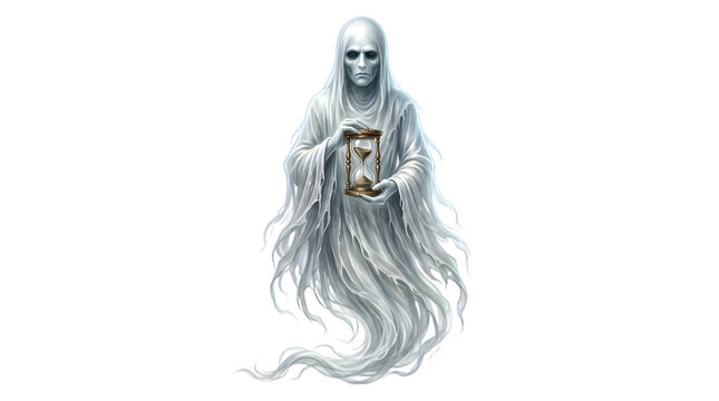 Spooky white ghost holding an hourglass for a scary halloween theme isolated on transparent background