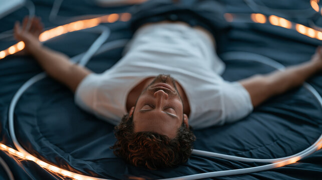 Overhead low-angle view of an autistic adult lying spread-eagled on a vibrating therapy mattress with eyes closed in a darkened sensory room, deep pressure and vibration therapy