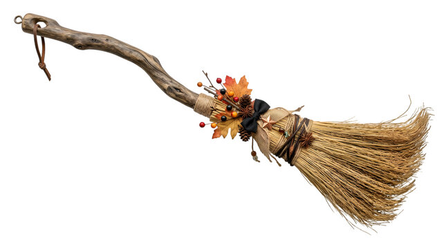 Rustic decorative witch broomstick with autumn leaves for halloween celebration isolated on transparent background