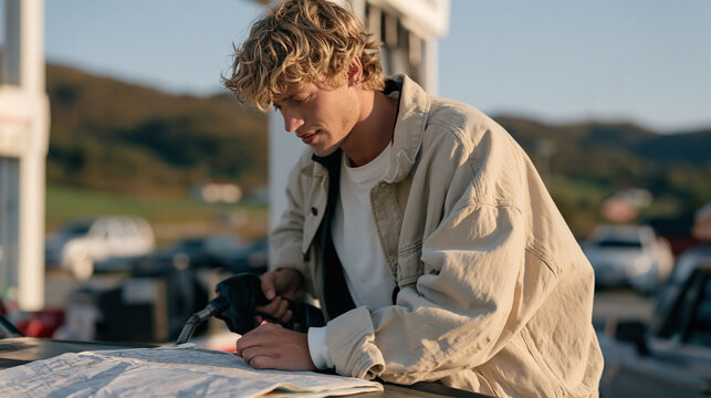 Young Norwegian man pumping fuel at rural petrol station for the first time alone, map unfolded on hood, solo road trip beginning, independence milestone, countryside highway,