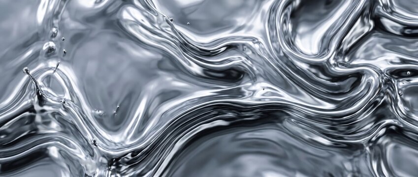 Abstract macro of molten silver liquid, flowing metallic waves with reflective highlights, ripples and splashes of chrome fluid, smooth undulating surface texture in grayscale tones