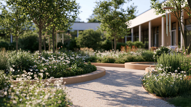 Designed sensory garden outdoor extension space adjacent to therapeutic classroom, raised textured planting beds, wind chime installation, water feature, scented herb section and