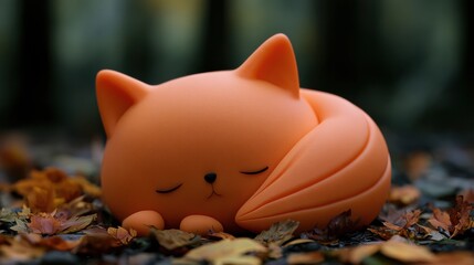 Fototapeta premium A small orange fox made of clay rests among colorful fallen leaves in a forest. The fox appears relaxed against a gentle backdrop of trees.