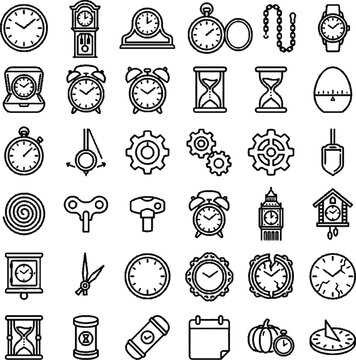 Halloween, Vintage clock icons set, 36 line art timekeeping symbols, antique watch and hourglass vector collection for scheduling isolated on White Background