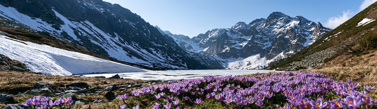 Frozen tarn meadow with flowers in the mountains