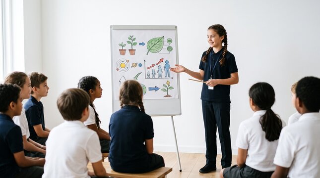 Young girl leads a science presentation to her classmates using a whiteboard with colorful drawings