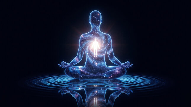 Cosmic meditation silhouette of a person sitting in lotus pose, reflecting on rippling water