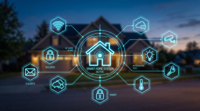 Smart home automation system interface with digital icons overlaying a residential house at night