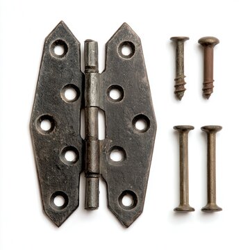 Old metal hinge with rustic screws and nails on white background
