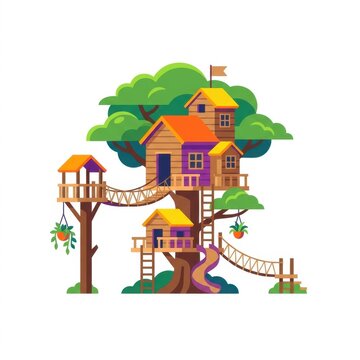 Colorful multi-level cartoon treehouse illustration featuring wooden cabins, rope bridges, a purple slide, and ladders built into a lush green tree isolated on white background.