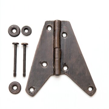 Antique metal hinge with hardware on white background